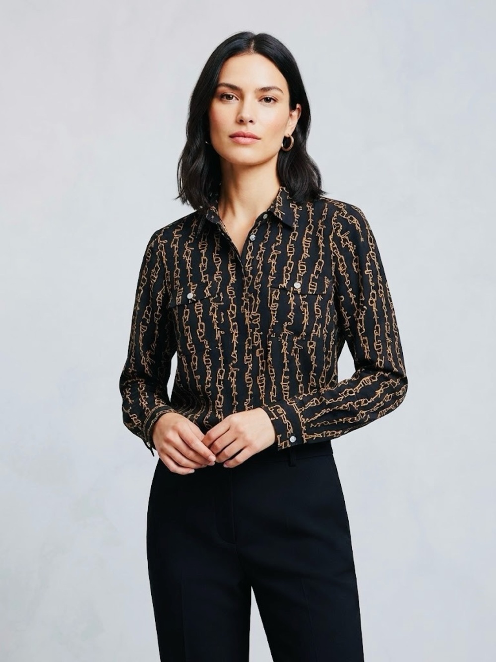 Karl Lagerfeld Black Button Down Shirt with Chain-Logo Print Size Small EUC